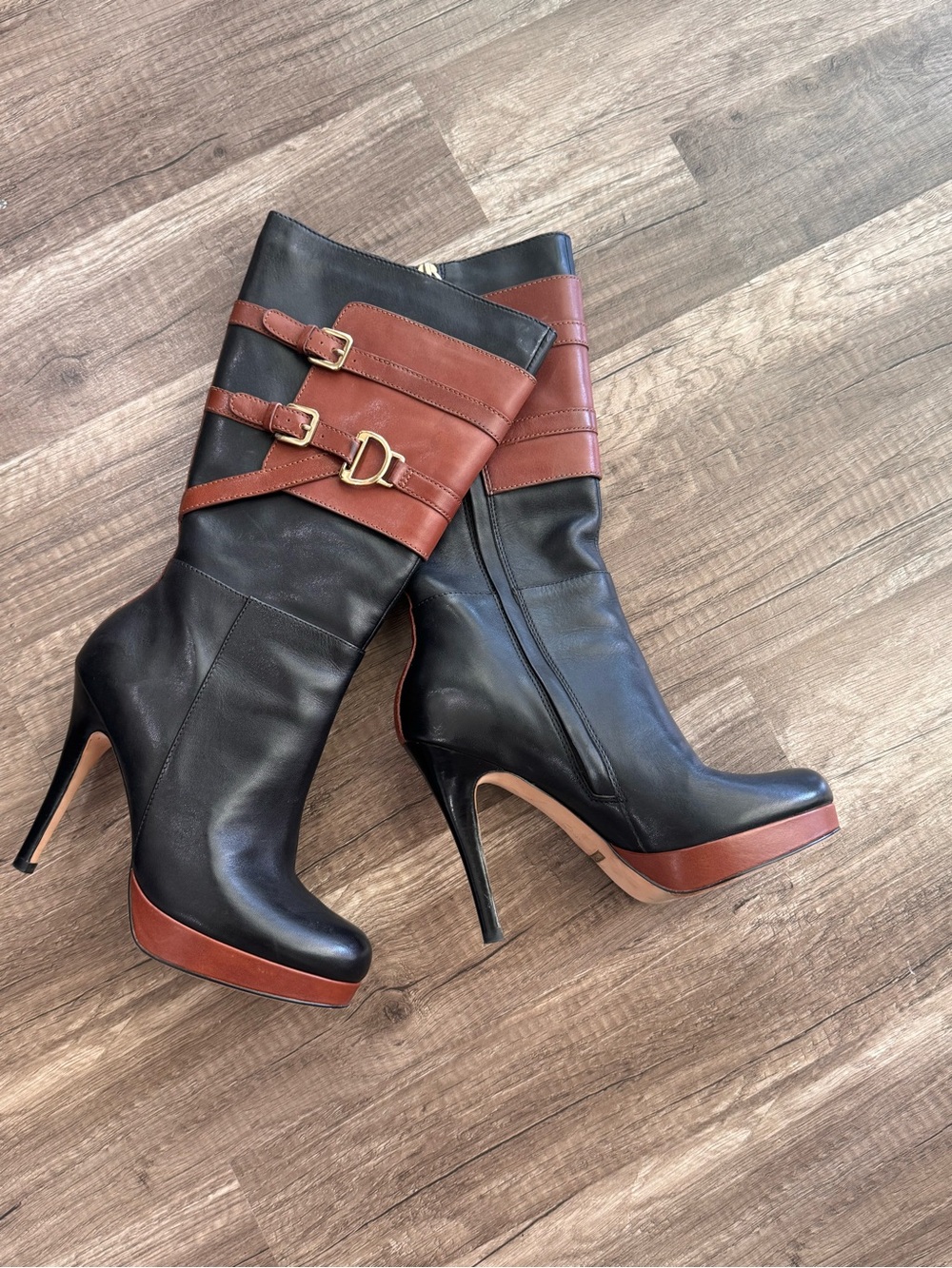 Cole Haan Two-Tone Black and Brown Mid-Calf Heeled Boots with NikeAir insoles